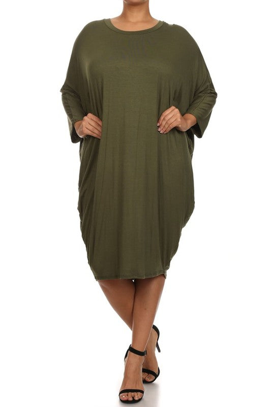 Solid 3/4 sleeve short midi dress