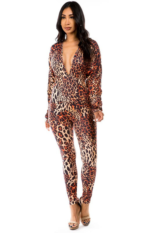 Long Sleeve V-Neckline Leopard Print Jumpsuit