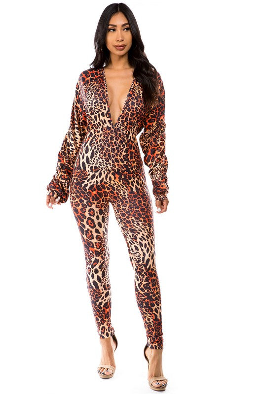 Long Sleeve V-Neckline Leopard Print Jumpsuit