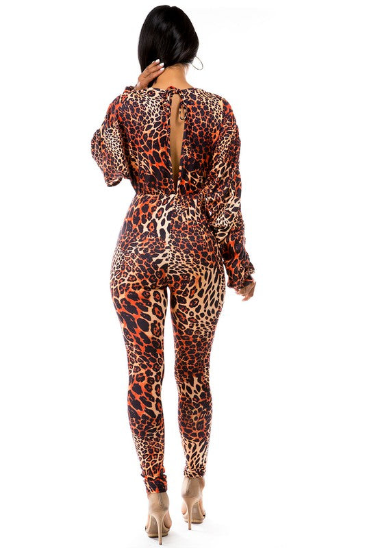 Long Sleeve V-Neckline Leopard Print Jumpsuit