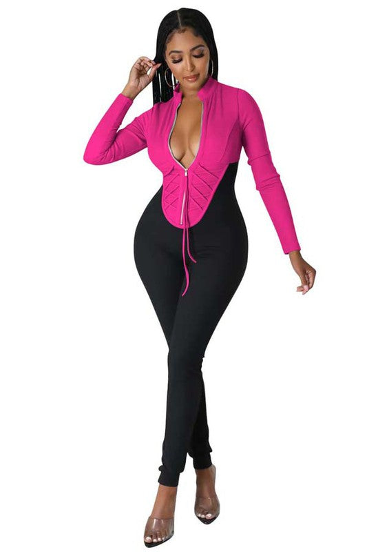 Front Zip-Up Long Sleeve Round Neckline Jumpsuit