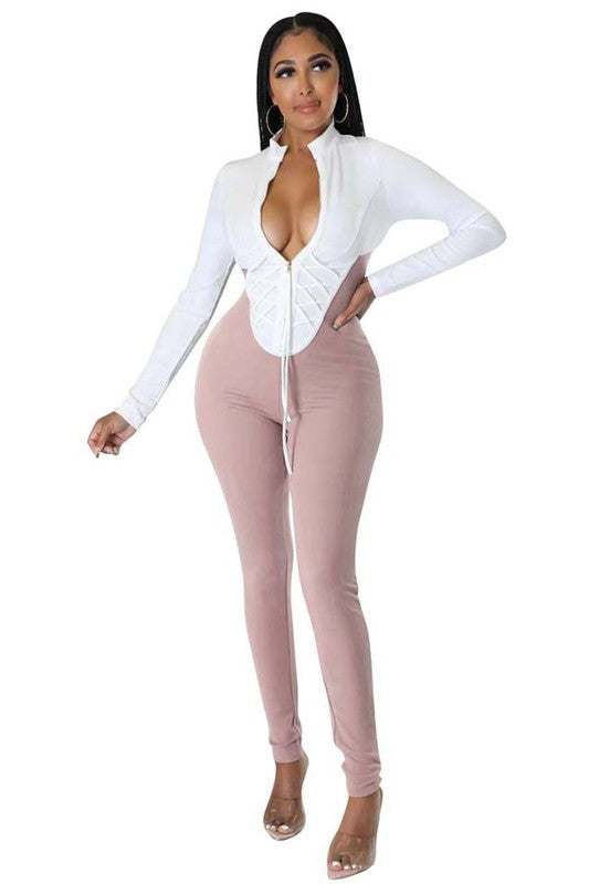 Front Zip-Up Long Sleeve Round Neckline Jumpsuit