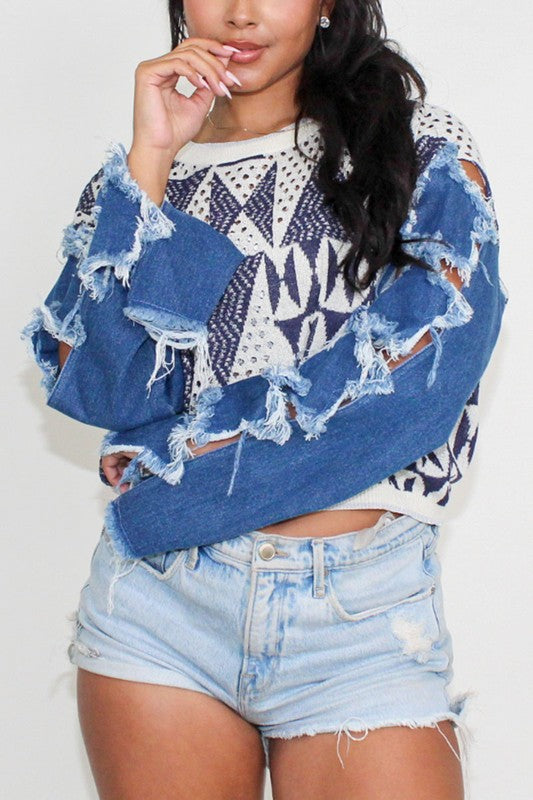 Star sleeve knit denim top