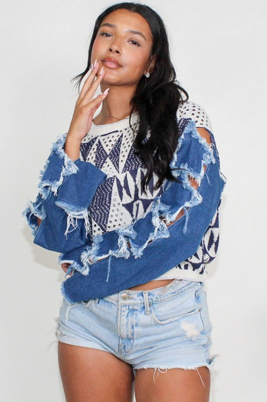 Star sleeve knit denim top