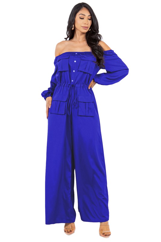 Off-Shoulder Long Sleeve Cargo Style Jumpsuit