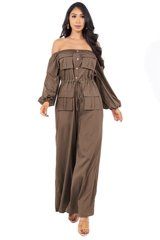 Off-Shoulder Long Sleeve Cargo Style Jumpsuit