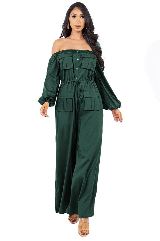 Off-Shoulder Long Sleeve Cargo Style Jumpsuit