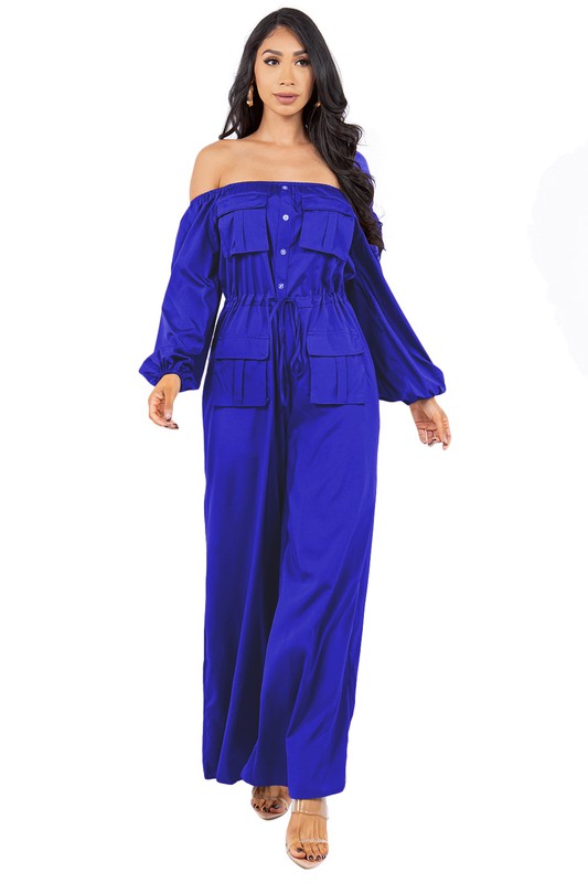 Off-Shoulder Long Sleeve Cargo Style Jumpsuit