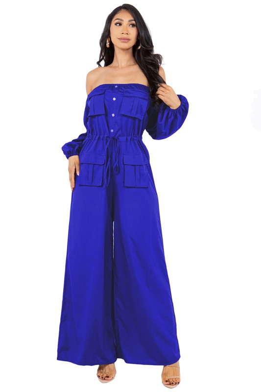 Off-Shoulder Long Sleeve Cargo Style Jumpsuit