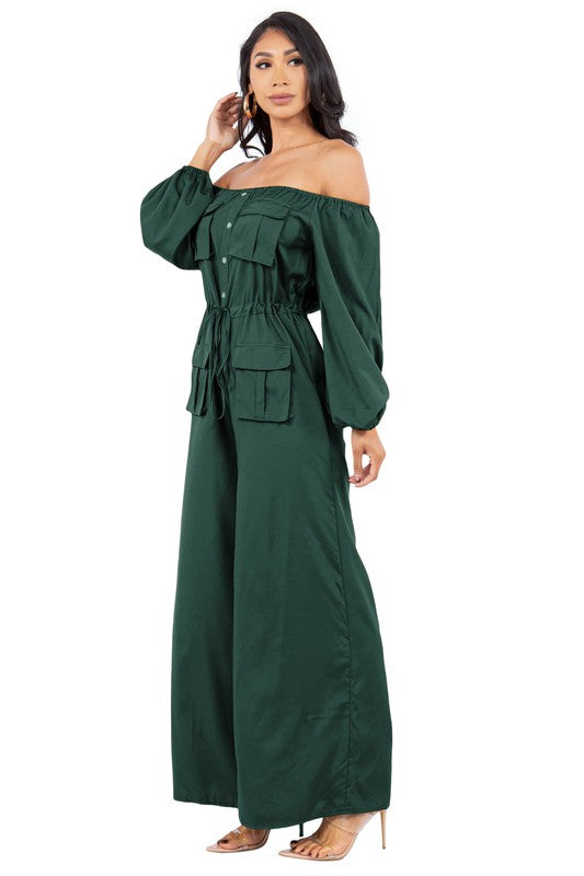 Off-Shoulder Long Sleeve Cargo Style Jumpsuit