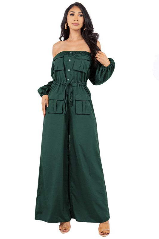 Off-Shoulder Long Sleeve Cargo Style Jumpsuit