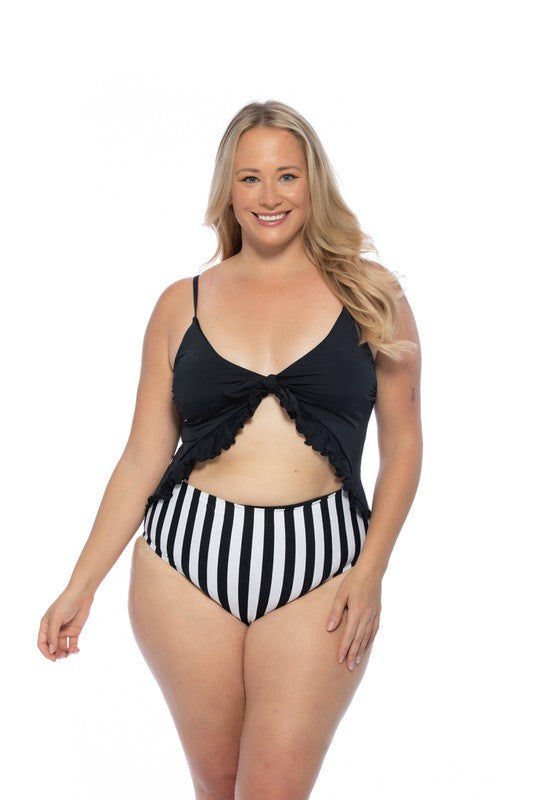 Black/Striped Cutout One Piece Swimsuit