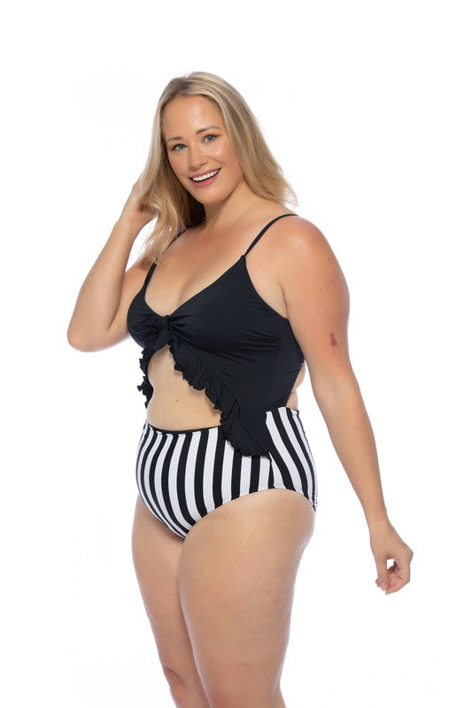 Black/Striped Cutout One Piece Swimsuit