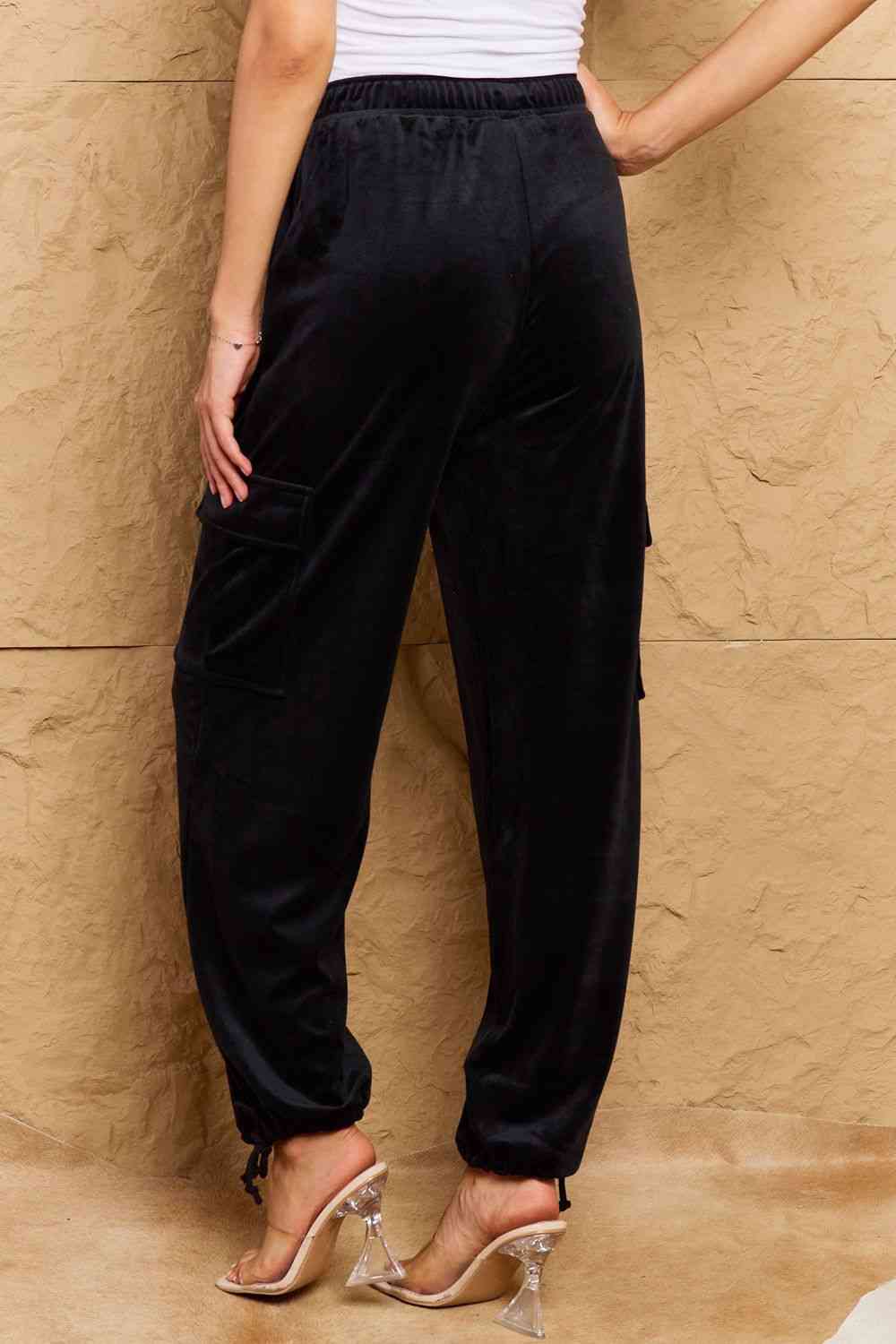 High Waist Drawstring Cargo Pants in Black