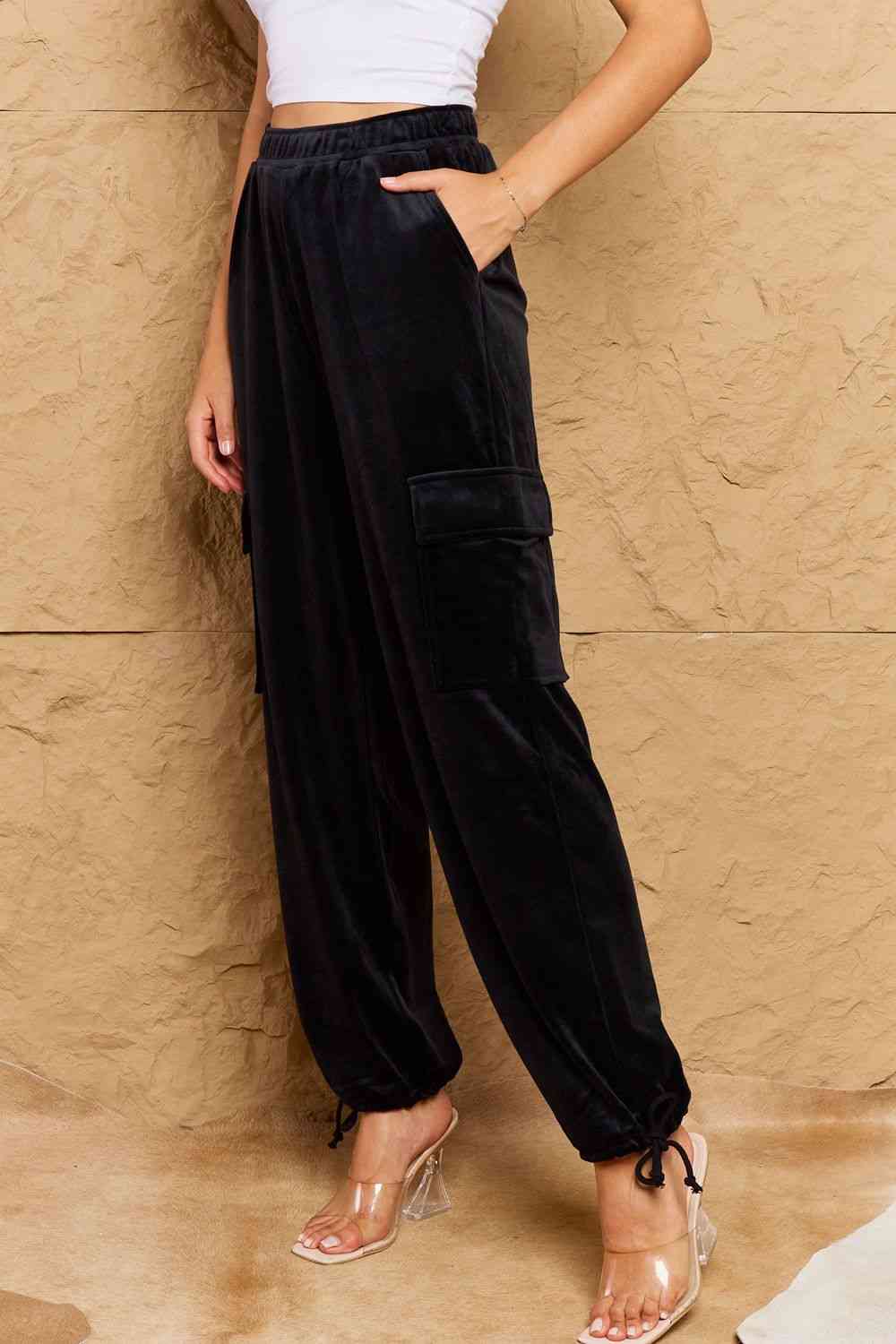 High Waist Drawstring Cargo Pants in Black