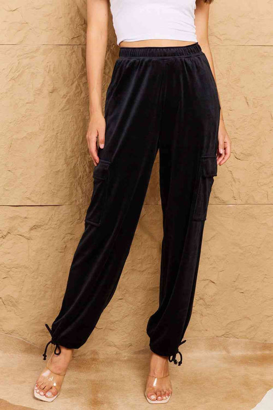 High Waist Drawstring Cargo Pants in Black