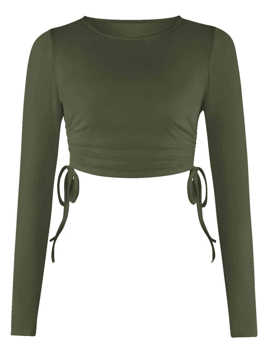 Drawstring Round Neck Long Sleeve Top